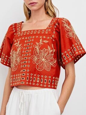 Rails Laine Floral Embroidered Top in Terracotta Small